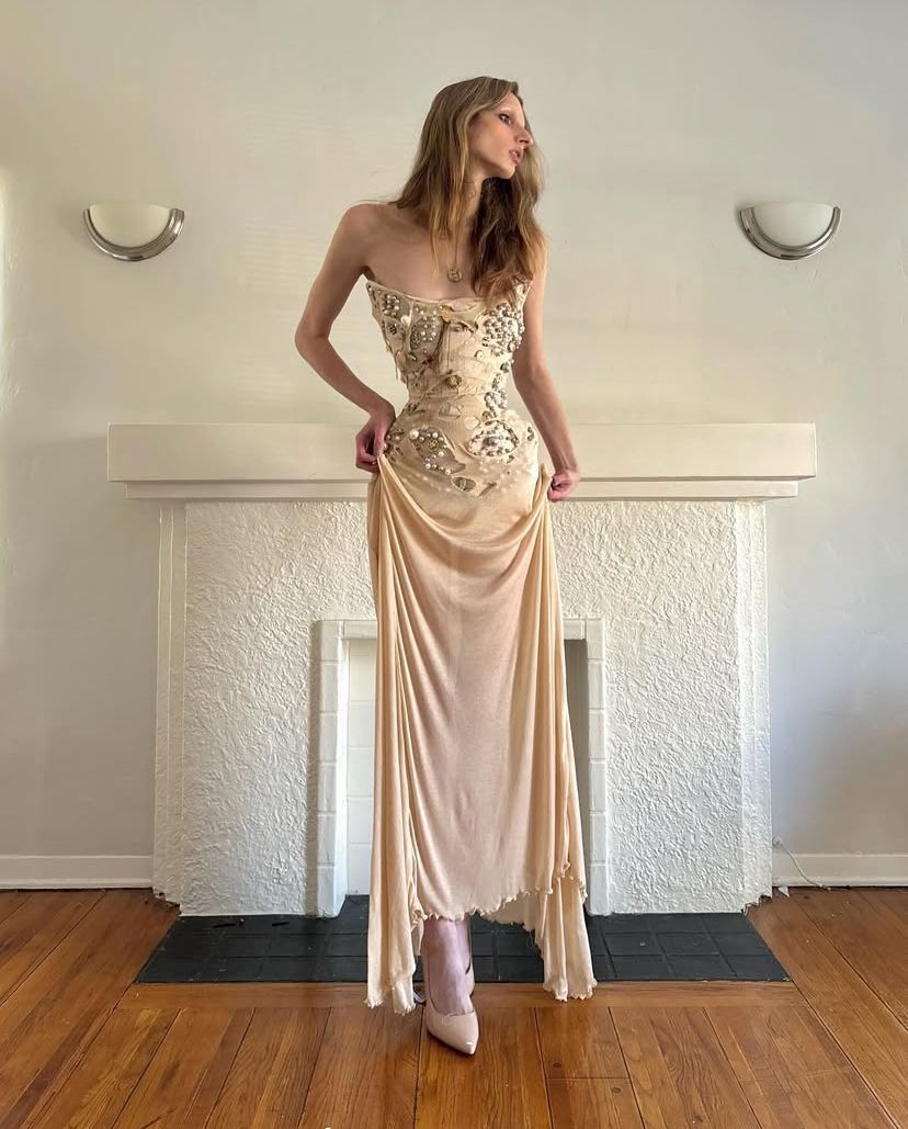 Vintage Nude Apricot Mermaid Waist-Cinching Beaded Chiffon Long Prom Dress Evening Dress cc5125