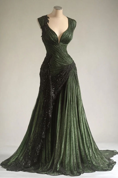 Vintage Green A-line Deep V-Neck Pleated Tulle Long Prom Dress Evening Dress cc5126
