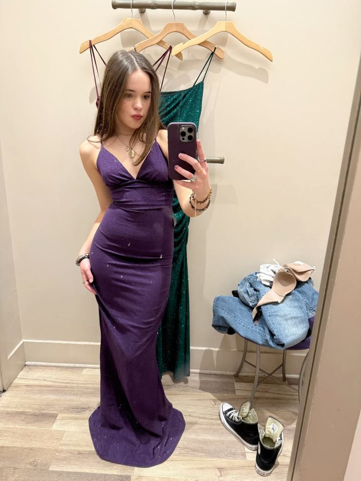 Sexy Deep Purple Mermaid Deep V Spaghetti Strap Glitter Long Prom Dress Evening Dress cc5133