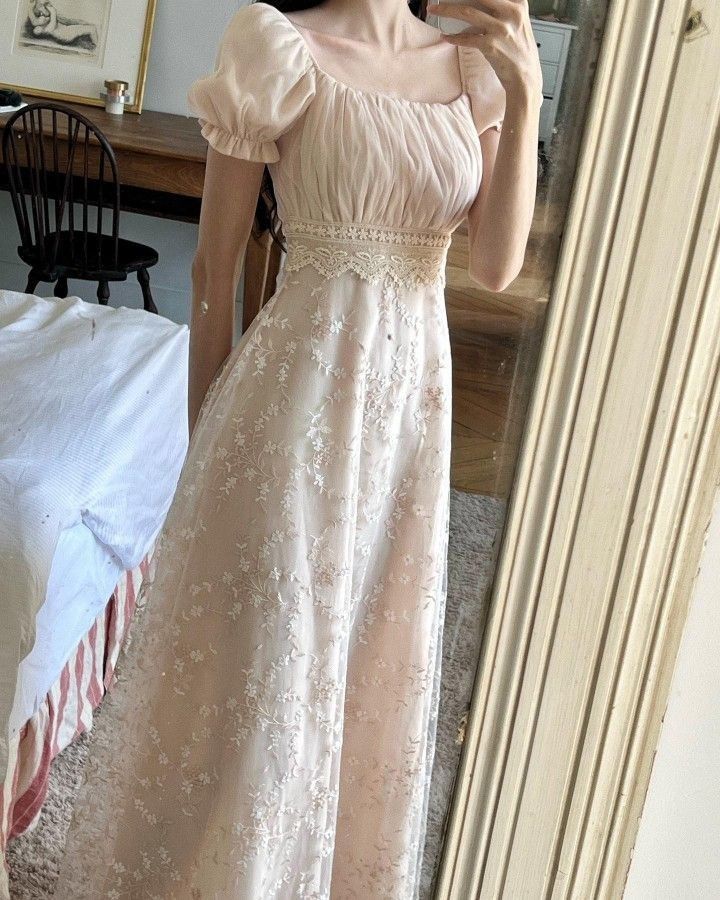 French Nude Apricot A-line Square Neck Puff Sleeve Lace Embroidery Tulle Long Prom Dress Evening Dress cc5137