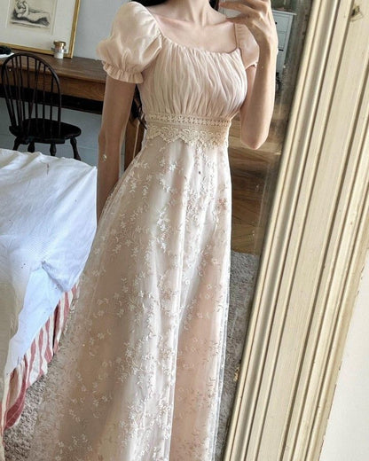 French Nude Apricot A-line Square Neck Puff Sleeve Lace Embroidery Tulle Long Prom Dress Evening Dress cc5137