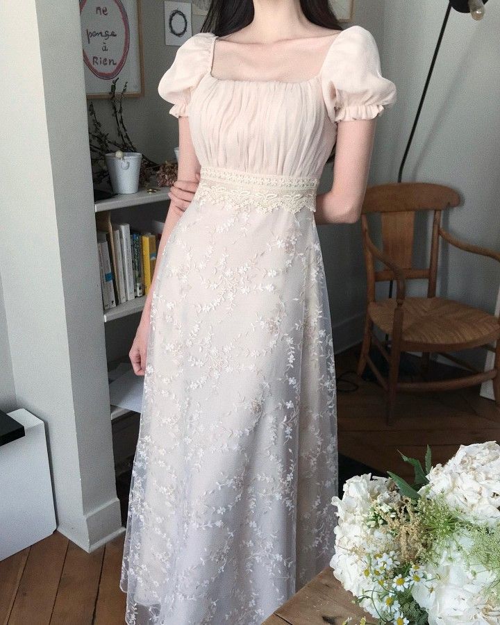 French Nude Apricot A-line Square Neck Puff Sleeve Lace Embroidery Tulle Long Prom Dress Evening Dress cc5137