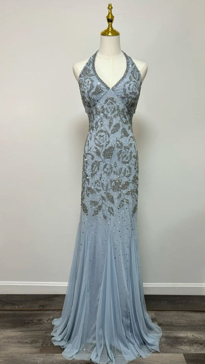 Elegant Light Misty Blue Mermaid Halter Neck Deep V-neck Beaded Chiffon Long Prom Dress Evening Dress cc5138