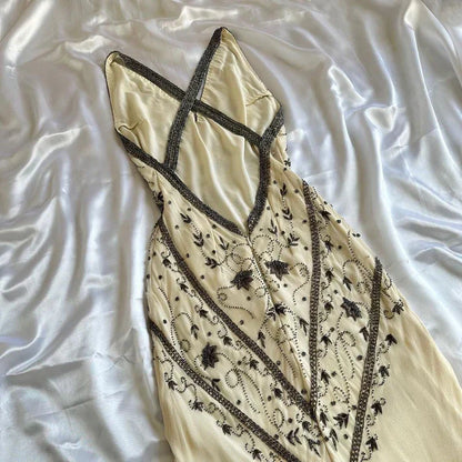 Fairytale Cream Beige/Black/Pink V Neck Sophisticated Elegant Floral Long Evening Prom Dress gh2941