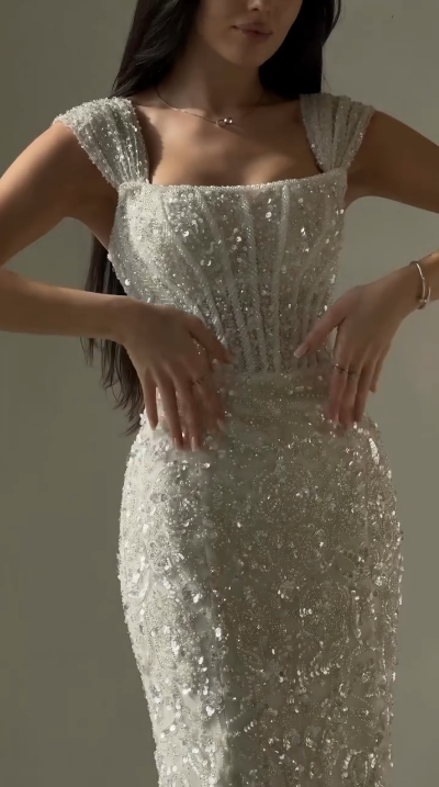 Elegant White Mermaid Square Neck Sequin Tulle Train Long Prom Dress Evening Dress cc5171