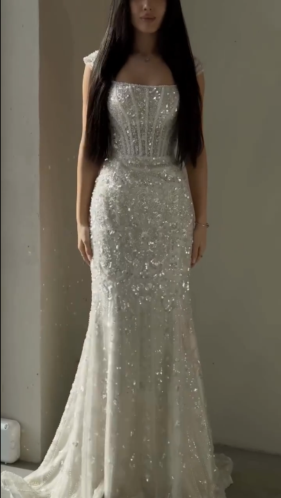 Elegant White Mermaid Square Neck Sequin Tulle Train Long Prom Dress Evening Dress cc5171