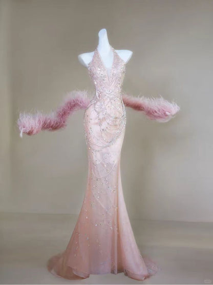 Dreamy Princess Pink Mermaid Halter V-Neck Rhinestone Beaded Tulle Long Prom Dress Evening Dress cc5178