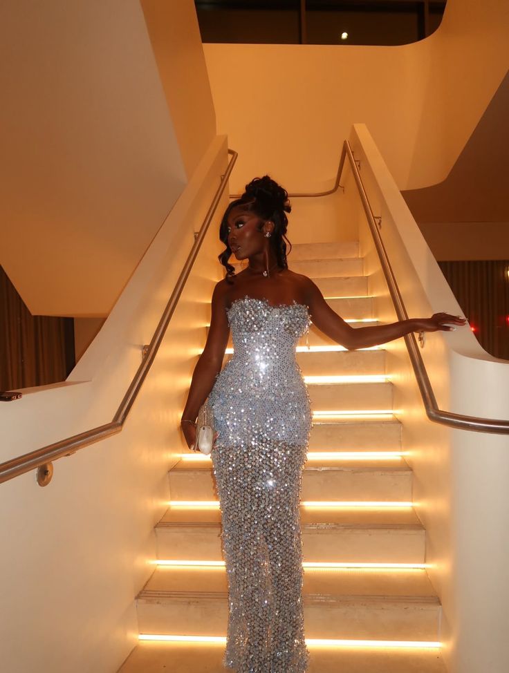 Luxurious Silver Blue Slim-Fit Strapless Sequin Long Prom Dress Evening Dress cc5181