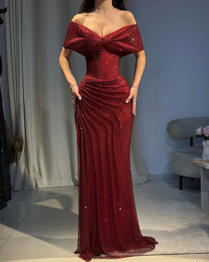 Luxurious Burgundy Mermaid Off-the-Shoulder V-Neck Rhinestone Tulle High-Slit Long Prom Dress Evening Dress cc5189