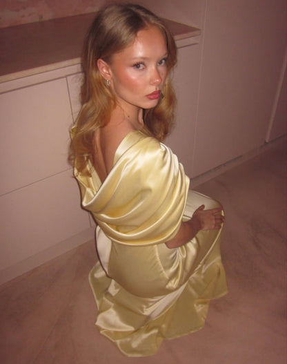 Elegant Yellow Slim-Fit Crew Neck Cap Sleeve Satin Long Prom Dress Evening Dress cc5194