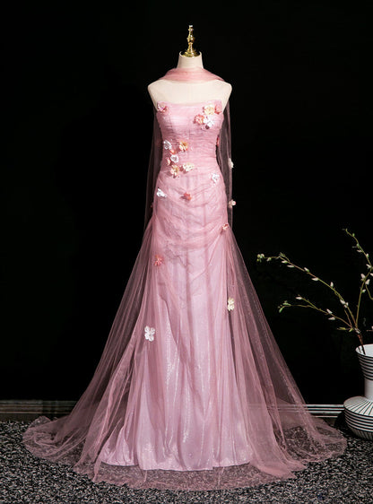 Elegant Light Pink A-Line Strapless 3D Floral Tulle Long Prom Dress Evening Dress cc5196