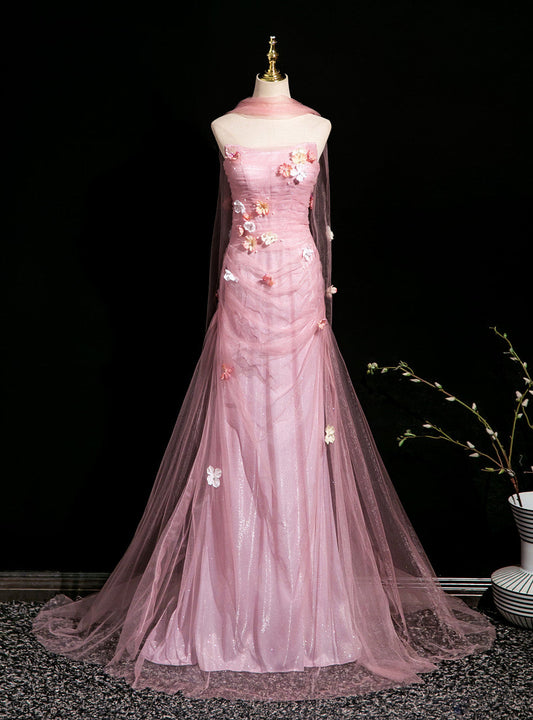 Elegant Light Pink A-Line Strapless 3D Floral Tulle Long Prom Dress Evening Dress cc5196