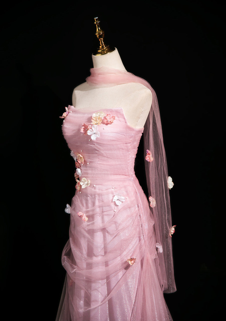 Elegant Light Pink A-Line Strapless 3D Floral Tulle Long Prom Dress Evening Dress cc5196
