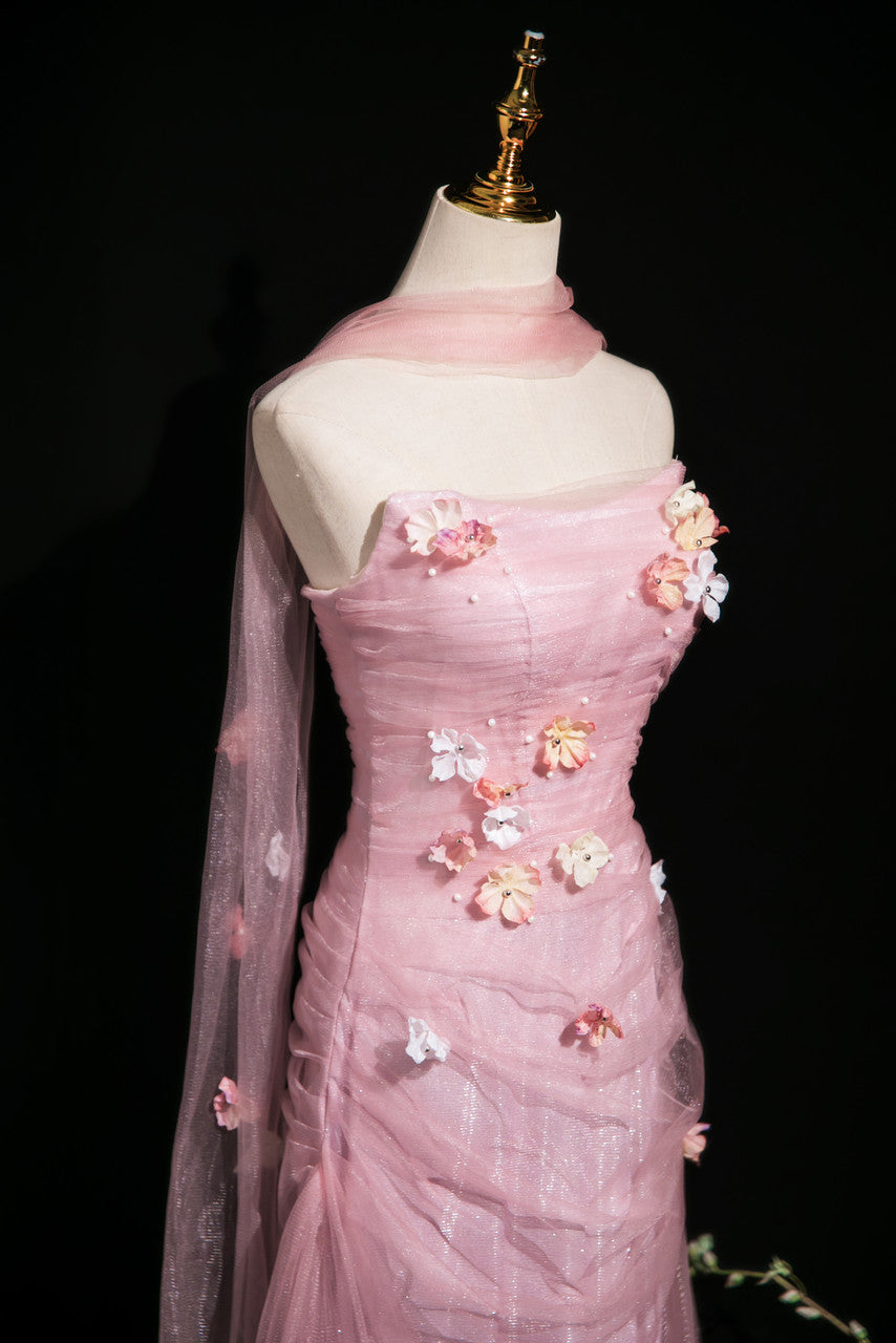 Elegant Light Pink A-Line Strapless 3D Floral Tulle Long Prom Dress Evening Dress cc5196