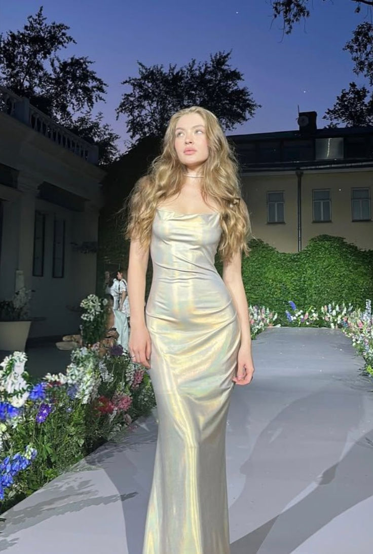 Elegant Iridescent Champagne Gold Mermaid Spaghetti Strap Satin Long Prom Dress Evening Dress cc5198