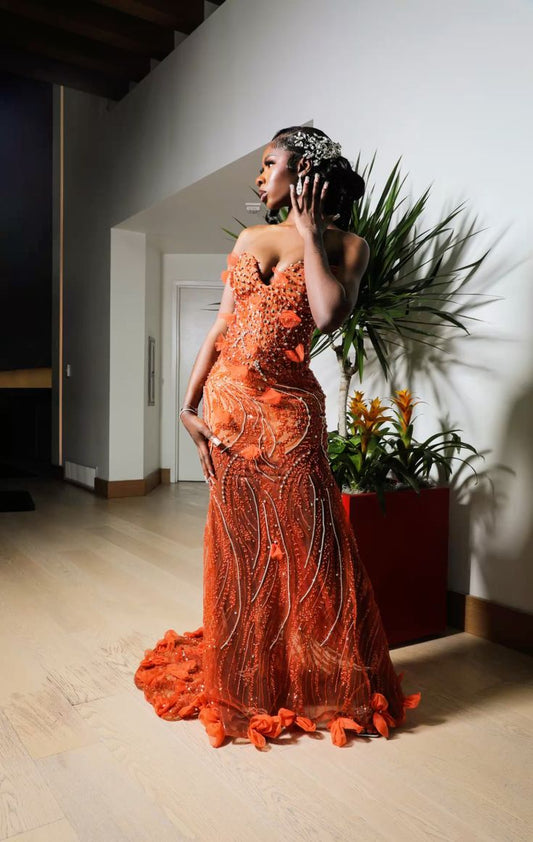 Gorgeous Orange Mermaid Sweetheart Neck Beaded Sequin Tulle Train Prom Dress Evening Dress cc5200