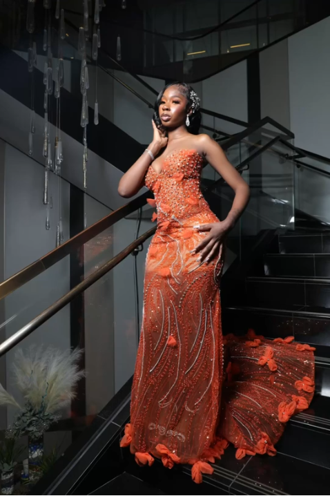 Gorgeous Orange Mermaid Sweetheart Neck Beaded Sequin Tulle Train Prom Dress Evening Dress cc5200