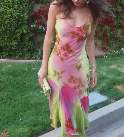Vintage Gradient Slim-Fit V-Neck Thin Strap Asymmetrical Hem Chiffon Long Prom Dress Evening Dress cc5203