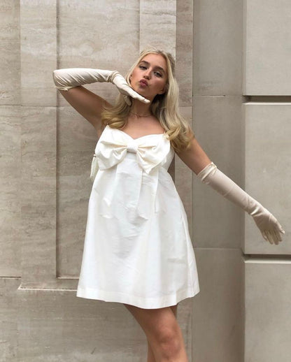 Sweet White Suspender Bow Loose Satin Birthday Party Homecoming Dress cc4504