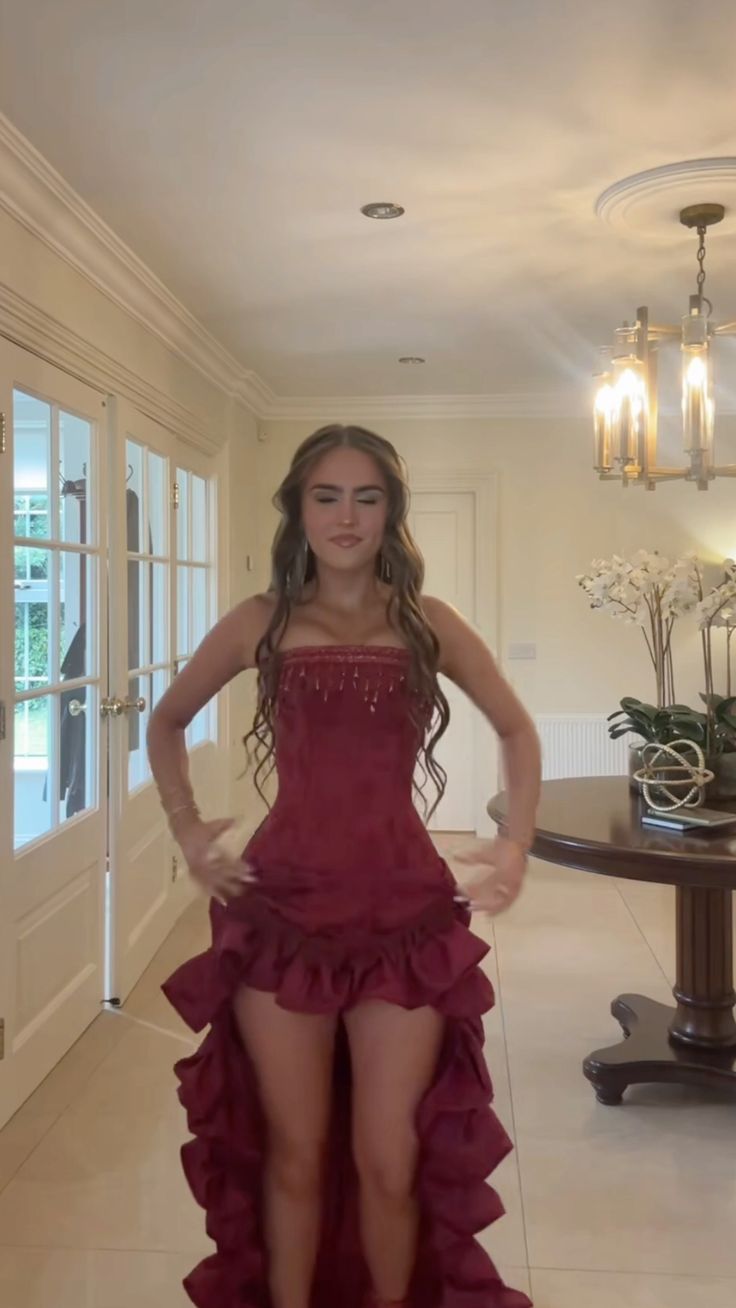 Elegant Burgundy Strapless Slim-Fit High-Low Hem Satin Prom Dress Evening Dress cc5206