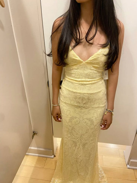 Elegant Yellow Mermaid Spaghetti Strap Deep V Lace Damask Long Prom Dress Evening Dress cc5207