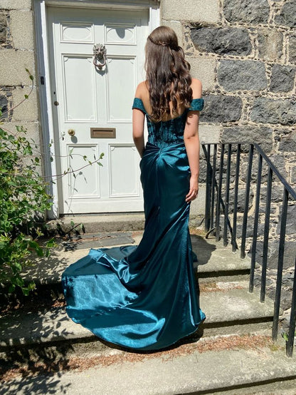 Elegant Deep Peacock Blue Mermaid Off-the-Shoulder Satin Train Prom Dress Evening Dress cc5210