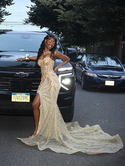 Luxurious Champagne Gold Mermaid Sweetheart Neck High-Slit Sequin Tulle Train Prom Dress Evening Dress cc5211