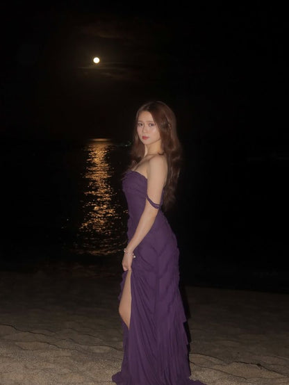 Elegant Deep Purple Slim-Fit Off-the-Shoulder High-Slit Ruched Texture Chiffon Long Prom Dress Evening Dress cc5212