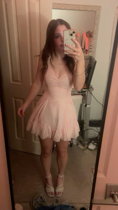 Sweet Pink V-neck Ruffled Waist Chiffon A-line 17th Birthday Homecoming Dress cc4514