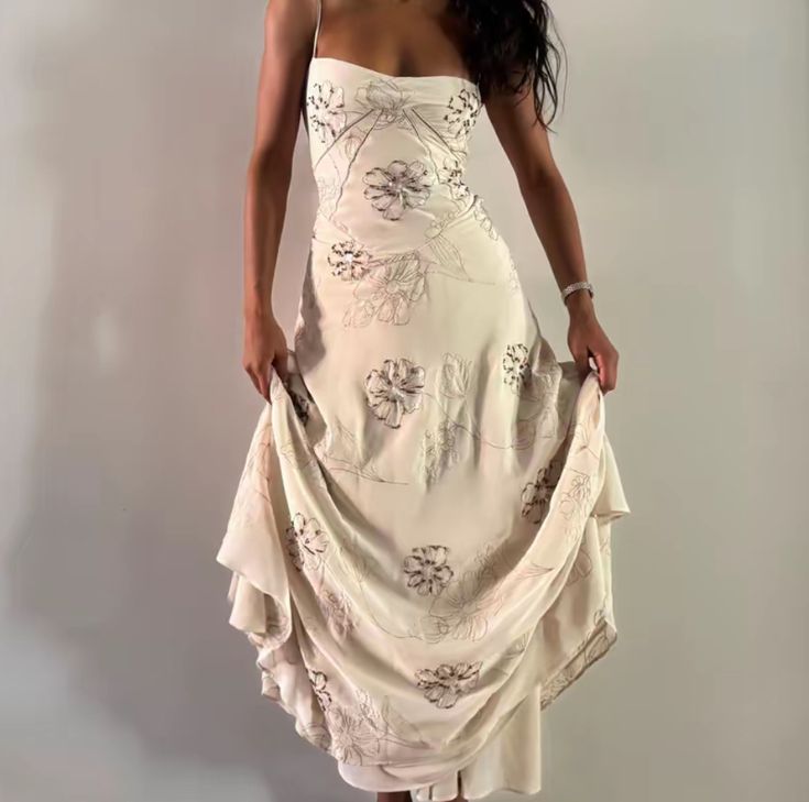 Elegant Ivory Slim-Fit Spaghetti Strap Floral Tulle Long Prom Dress Evening Dress cc5217