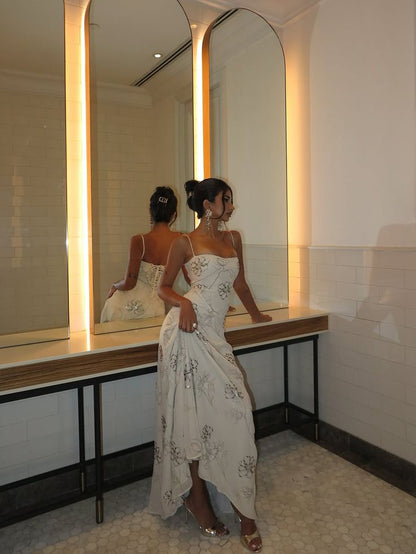 Elegant Ivory Slim-Fit Spaghetti Strap Floral Tulle Long Prom Dress Evening Dress cc5217
