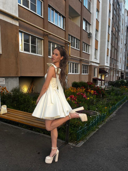 Elegant White Bow Strap Satin A-line Birthday Party Homecoming Dress cc4518