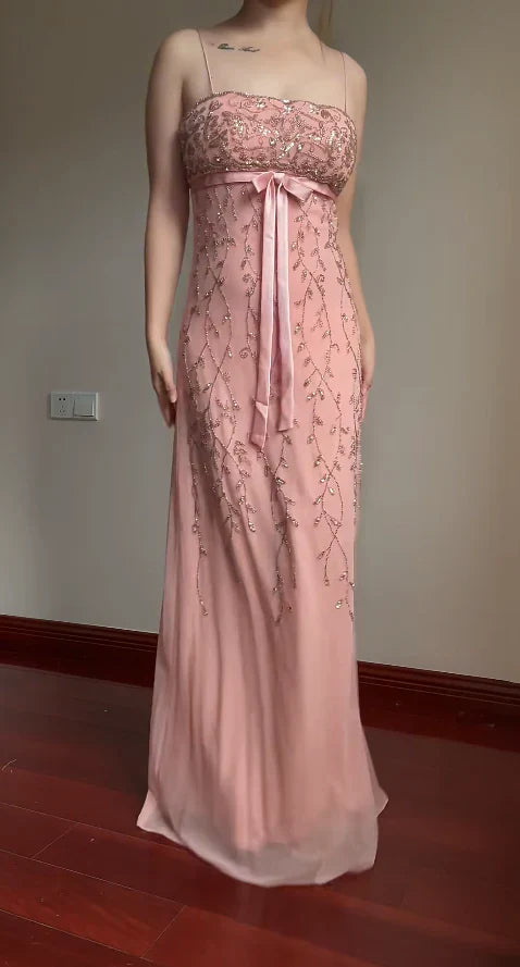 Elegant Pink Slim-Fit Spaghetti Strap Beaded Embroidery Leaf Bow Chiffon Long Prom Dress Evening Dress cc5223