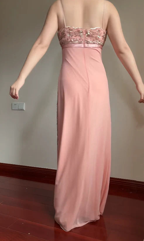 Elegant Pink Slim-Fit Spaghetti Strap Beaded Embroidery Leaf Bow Chiffon Long Prom Dress Evening Dress cc5223