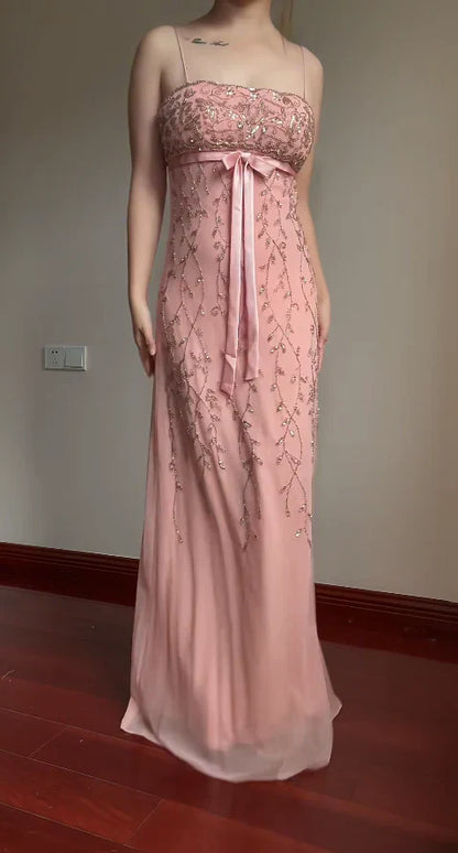 Elegant Pink Slim-Fit Spaghetti Strap Beaded Embroidery Leaf Bow Chiffon Long Prom Dress Evening Dress cc5223
