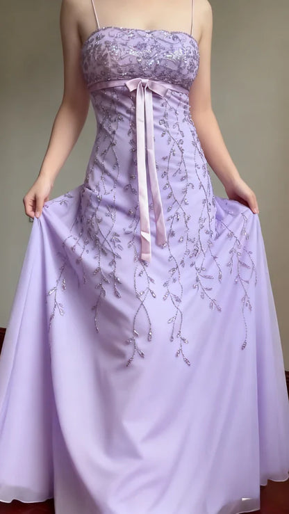 Elegant Pink Slim-Fit Spaghetti Strap Beaded Embroidery Leaf Bow Chiffon Long Prom Dress Evening Dress cc5223