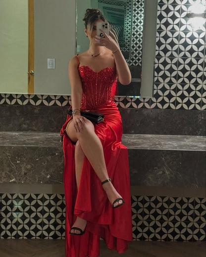 Sexy Luxury Red Mermaid High-Slit Sequin Satin Long Prom Dress Evening Dress cc5224