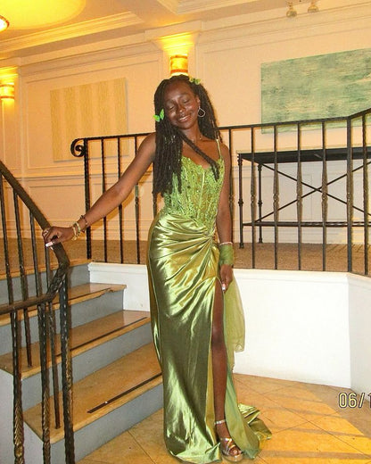 Elegant Green Mermaid Deep V-Neck Embroidered Sequin Slit Satin Long Prom Dress Evening Dress cc5226