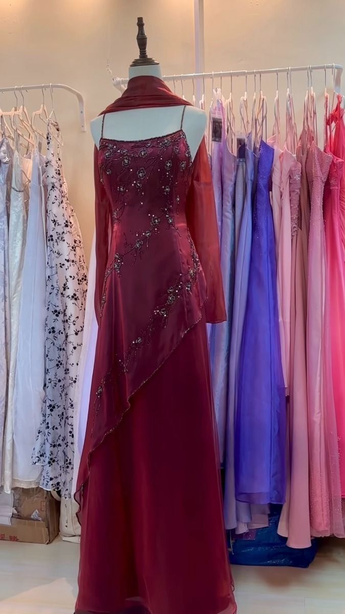 Vintage Burgundy Slim-Fit Camisole Beaded Embroidery Floral Branch Satin Long Prom Dress Evening Dress cc5228
