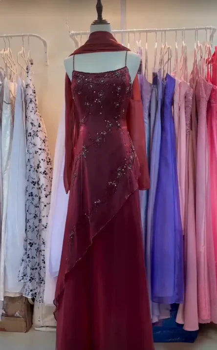 Vintage Burgundy Slim-Fit Camisole Beaded Embroidery Floral Branch Satin Long Prom Dress Evening Dress cc5228