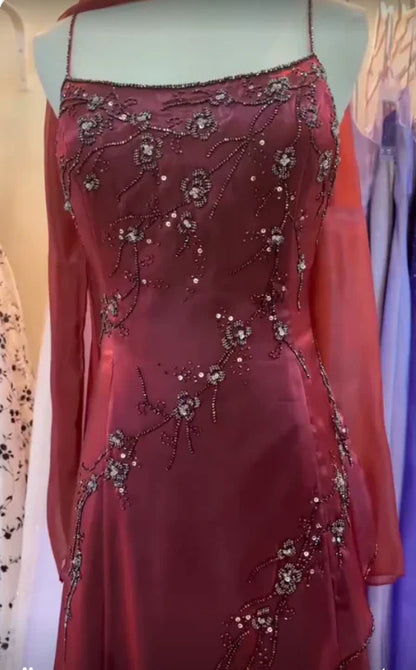 Vintage Burgundy Slim-Fit Camisole Beaded Embroidery Floral Branch Satin Long Prom Dress Evening Dress cc5228