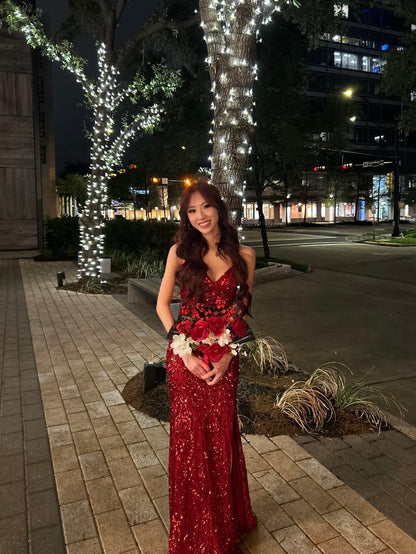 Shiny Burgundy Mermaid Deep V-Neck Camisole Slit Sequin Long Prom Dress Evening Dress cc5230