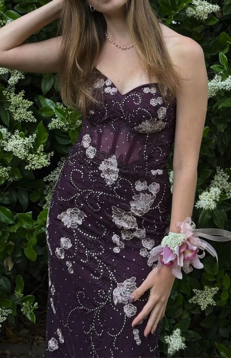 Elegant Deep Purple Mermaid Strapless 3D Embroidery Sheer Tulle Long Prom Dress Evening Dress cc5231