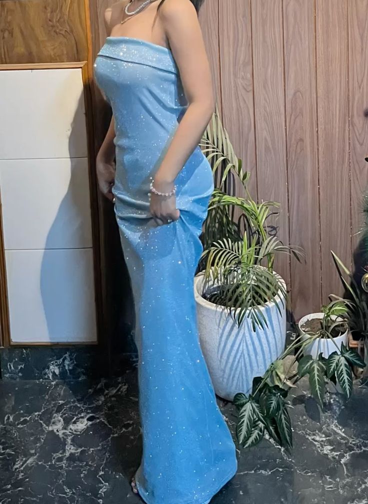 Elegant Light Blue Mermaid Strapless Starry Tulle Long Prom Dress Evening Dress cc5235