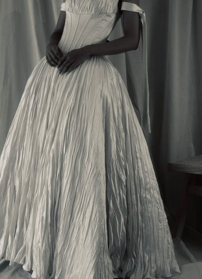 Vintage Elegant Off-White Strapless Boned Satin Long Wedding Dress cc5239