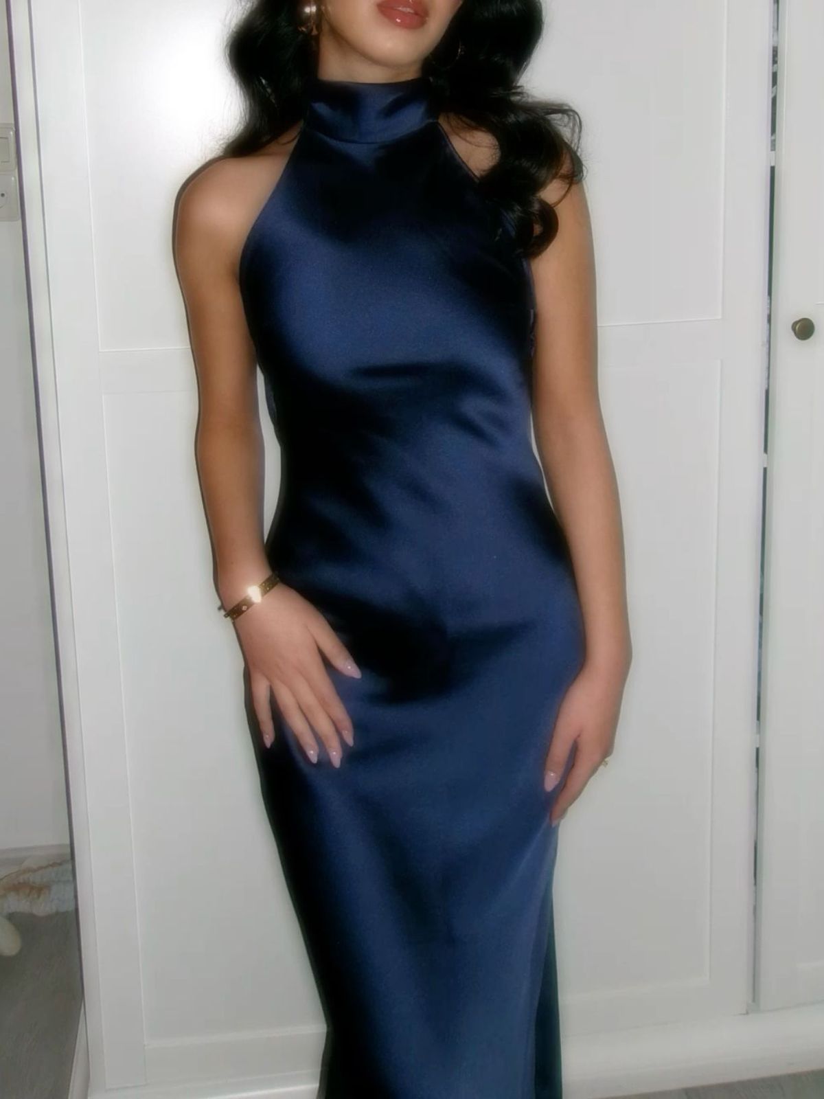 Sexy Navy Blue Slim-Fit Halter Backless Satin Long Prom Dress Evening Dress cc5240
