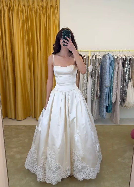 Elegant Ivory A-Line Spaghetti Strap Lace Hem Satin Wedding Dress cc5242