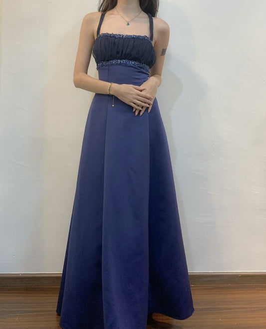 Elegant Navy Blue A-Line Halter Neck Satin Long Prom Dress Evening Dress cc5243