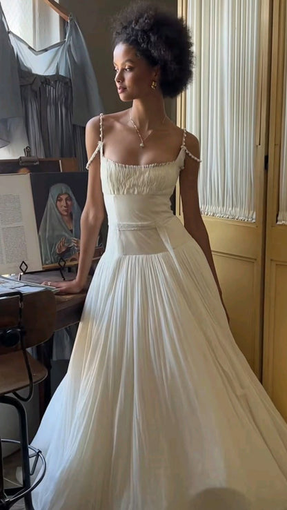 Vintage Elegant Ivory A-Line Spaghetti Strap Square Neck Tulle Long Prom Dress Evening Dress cc5248