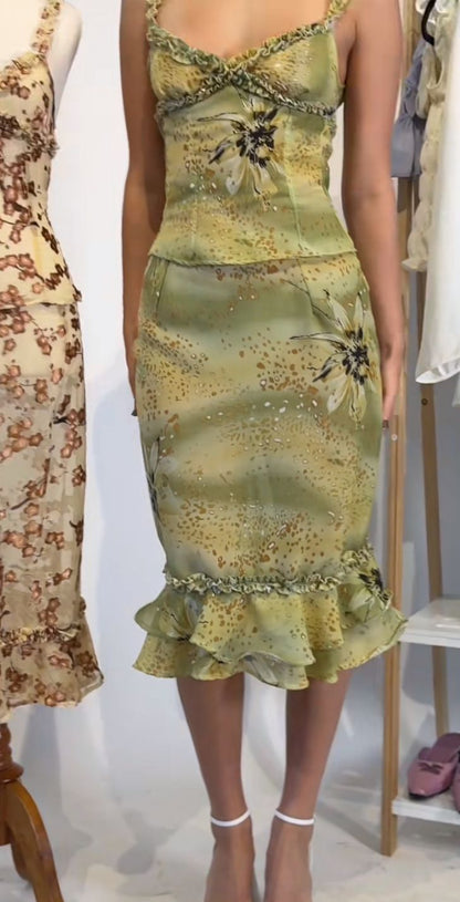 Retro Elegant Yellow Green Printed Ruffled Slim Chiffon Birthday Party Homecoming Dress cc4548